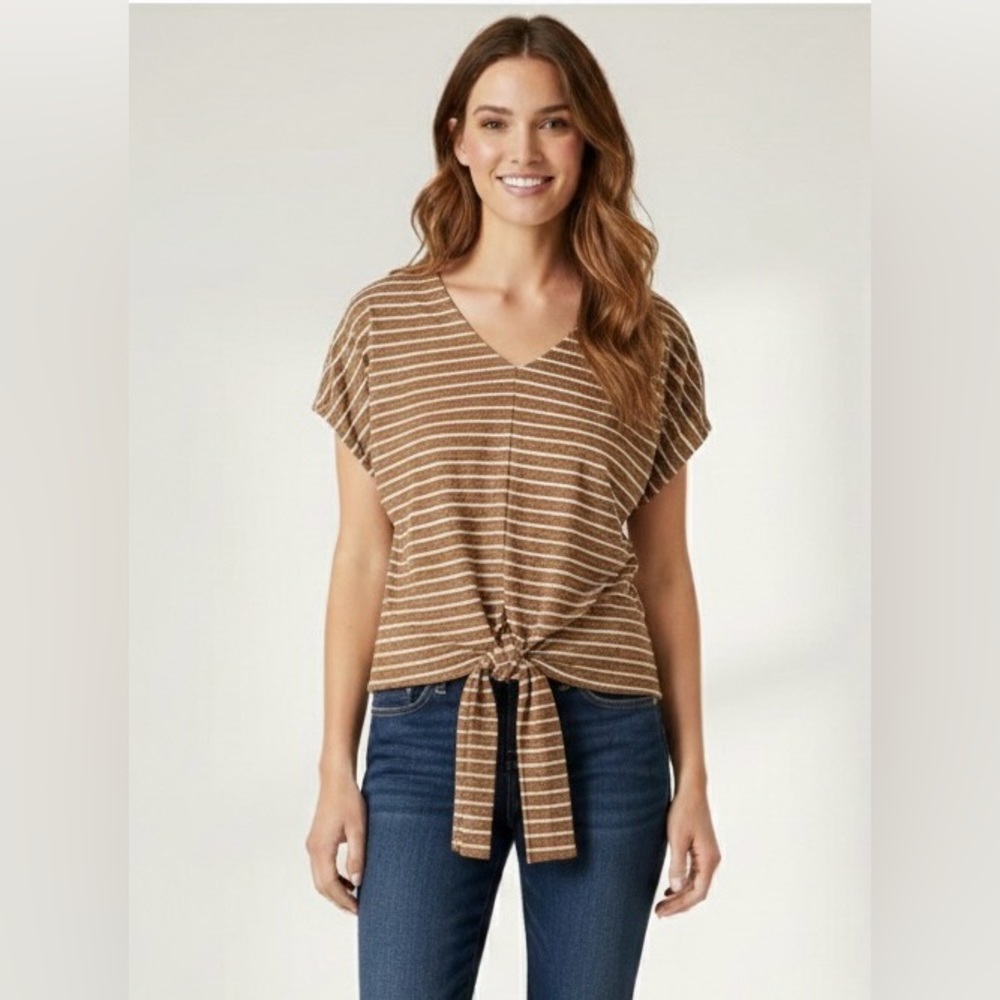Gyft mustard-white short-sleeved vertical stripes blouse, NWOT, waist ties, S